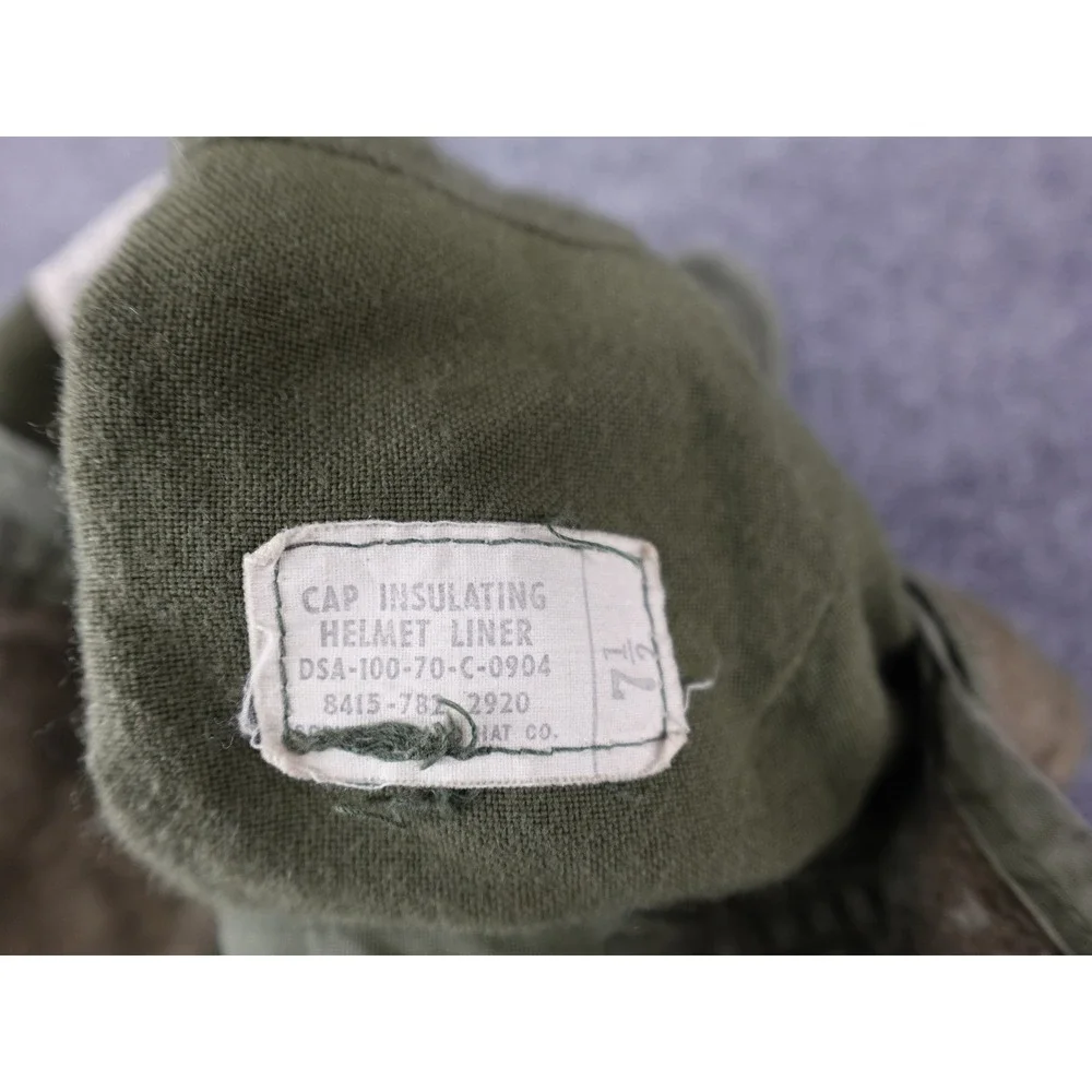 US Military Helmet Liner Cap Mens 7 1/2 Green 1970 Vintage Insulated Hood